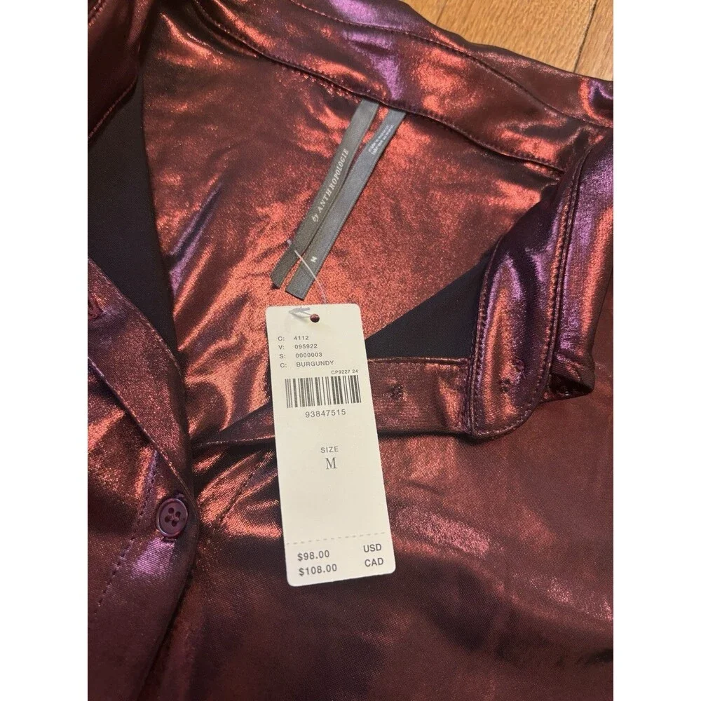 By Anthropologie Shine Button Down Shirt Burgundy Metallic Long Sleeve M NWT - Picture 5 of 7